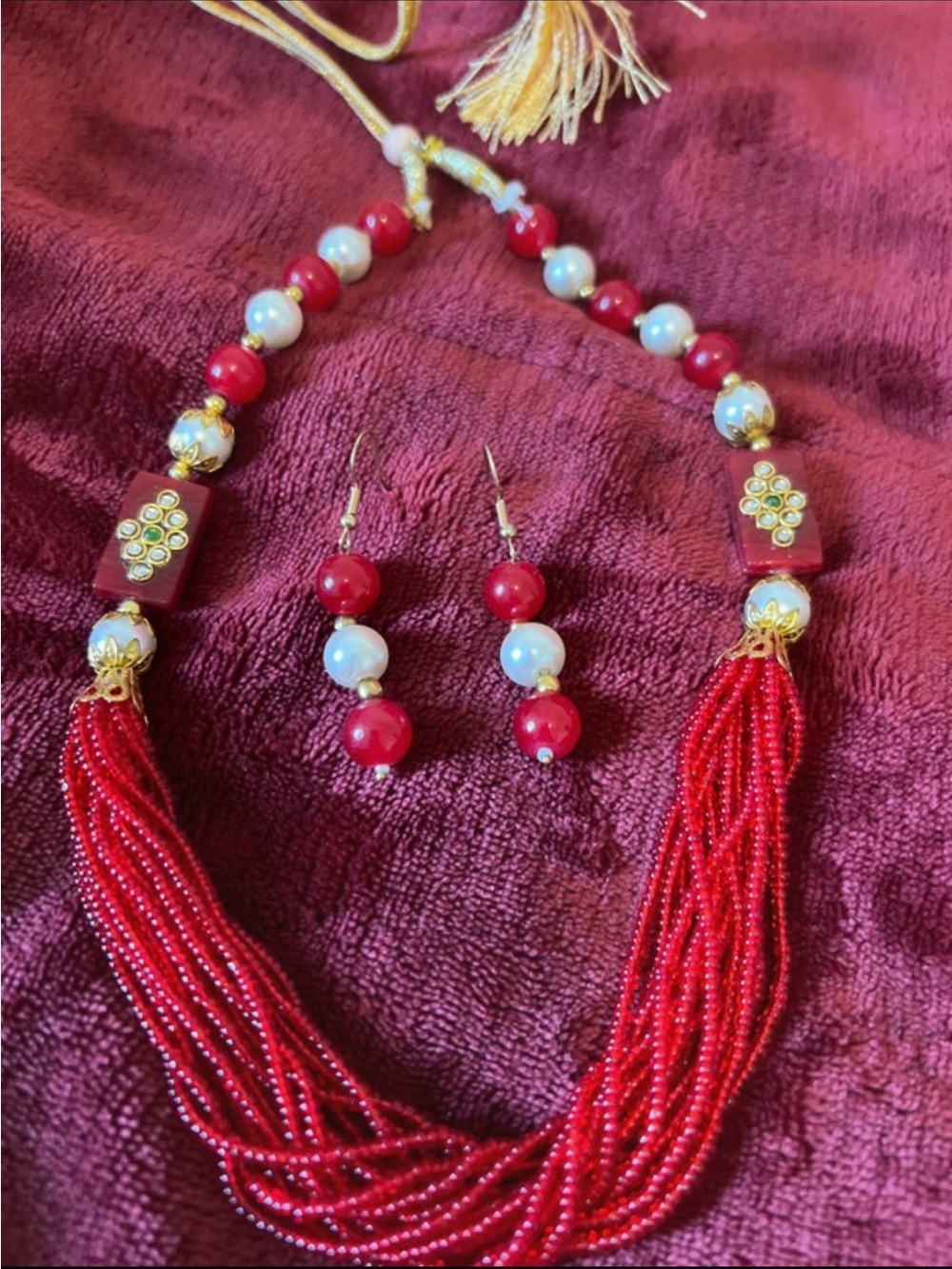Handcrafted Red Beaded Tassel Necklace & Drop Earrings Set